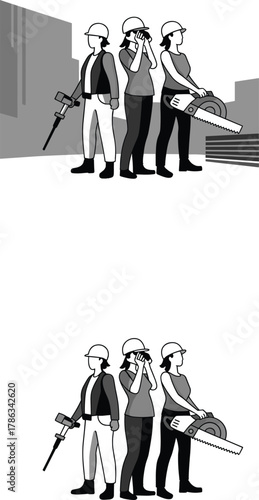 Construction workers, jackhammer, circular saw, walkie-talkie, safety gear, teamwork, industrial site, labor crew, tools, hard hats, building, equipment, 