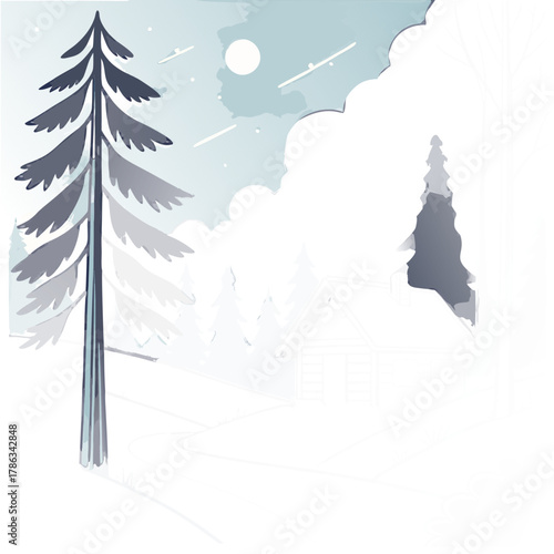 A winter scene with a tall pine tree and snow covered trees under a pale sky with a bright moon shining