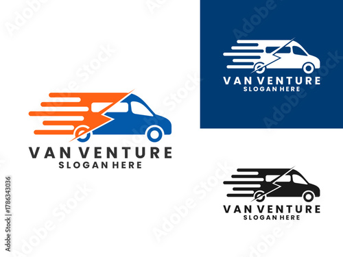 Van venture speed logo design vector template. Van combination with abstract lightning logo design icon