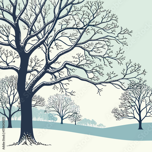 Winter scene featuring bare trees in a snowy landscape with a pale blue and cream color palette and detailed branches
