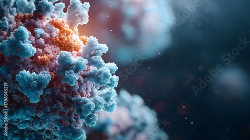 A close up of a coronavirus cell structure with blue and orange spikes against a dark background