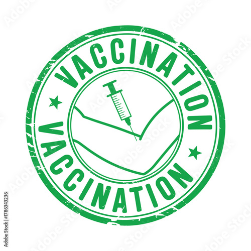 Green vaccination stamp with syringe and arm icon