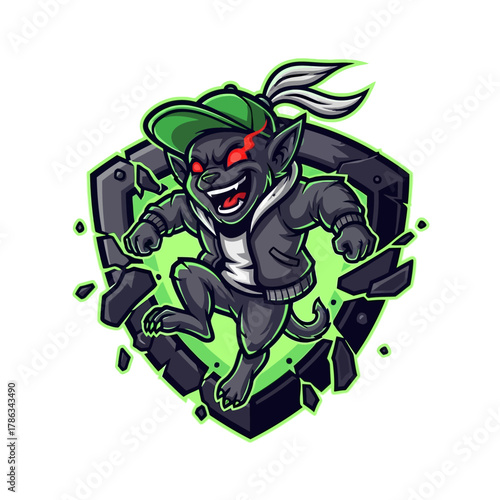 Personnage de dessin animé diabolique avec une casquette verte et une veste grise, brisant un bouclier.