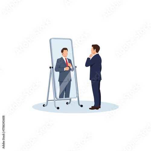 Professional man in business suit adjusting red tie, observing reflection in full-length mirror, getting ready for work.