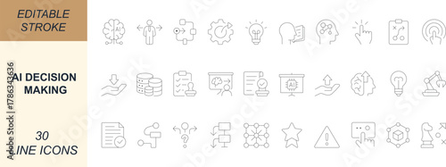  AI decision making line icons featuring data, algorithm, model, prediction, analysis, automation, logic, and intelligence. Perfect for tech, strategy, and innovation design. Editable stroke. 