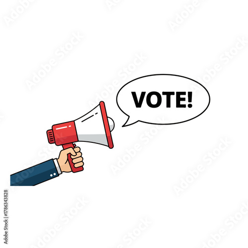 Hand holding megaphone shouting 'VOTE!', election reminder, democratic participation, public awareness campaign