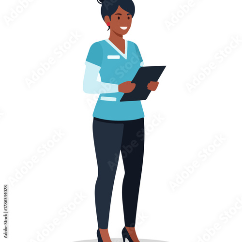 Cheerful Black woman, a healthcare professional, standing with a clipboard, wearing blue scrubs.