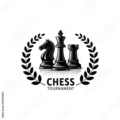 Chess tournament logo design, elegant black pieces, knight king rook, laurel wreath symbol