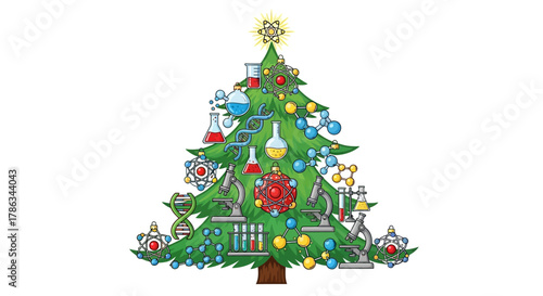 Celebrate the holidays with a festive science themed Christmas tree adorned with molecules DNA and lab equipment perfect for educational and scientific themes