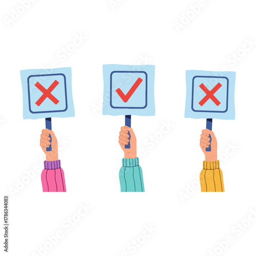 Hands holding signs with red checkmark and cross symbols, showing approval, disapproval, choices