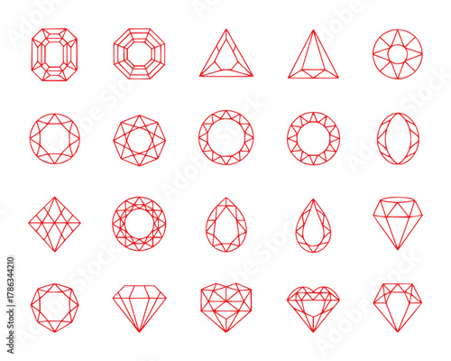 Collection of Red Gemstone Cut Icons on White Background