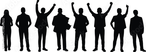 Silhouette, people, group, standing, teamwork, unity, celebration, victory, business, diversity, success, pose, gesture, professional, abstract, black, white, isolated, concept, illustration