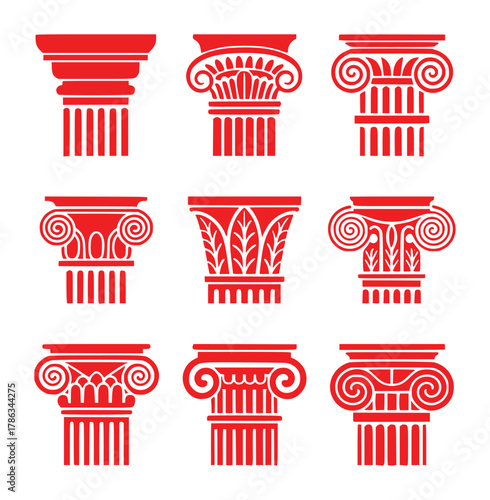 Collection of Red Ionic and Corinthian Column Capitals on White Background