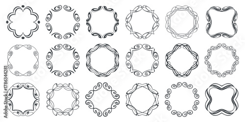 Elegant decorative frames set with ornamental round borders. Thin line vector outlines with floral and swirl details. Classic collection for invitations, labels, and elegant design projects