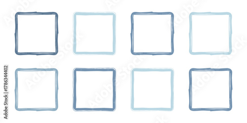 Square frame collection with blue watercolor texture. Hand-drawn vector borders with artistic uneven lines. Modern abstract composition for creative backgrounds and graphic design