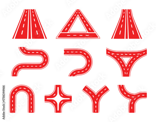 Collection of Red Road and Intersection Icons with White Dashed Lines