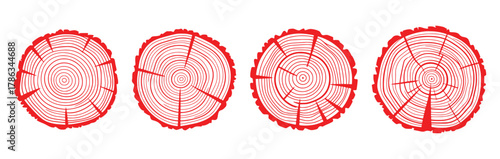Four Red Wood Ring Cross-Sections on White Background