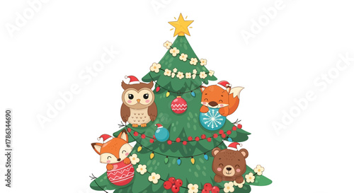 Adorable forest friends celebrate Christmas joyfully around a decorated evergreen tree, spreading festive cheer and holiday spirit