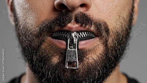 Extreme close up of a man with a beard zipping his lips shut, a powerful conceptual metaphor for keeping secrets, censorship, silence, and the inability to speak or express an opinion