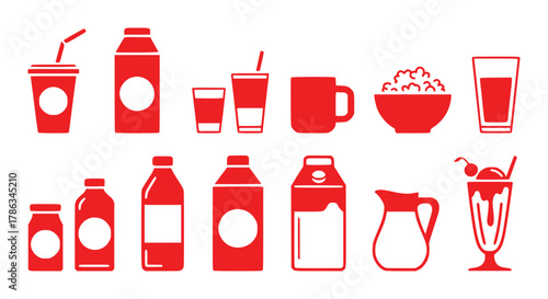 Red Icons of Various Drinks and Food Items