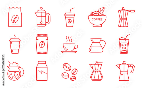 Red Line Art Icons of Coffee Making and Drinks