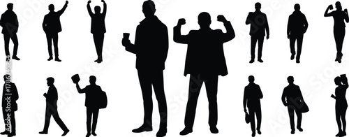 Silhouettes of diverse people standing and posing, business and casual individuals, teamwork expression, human figures set, modern lifestyle, confident posture illustration