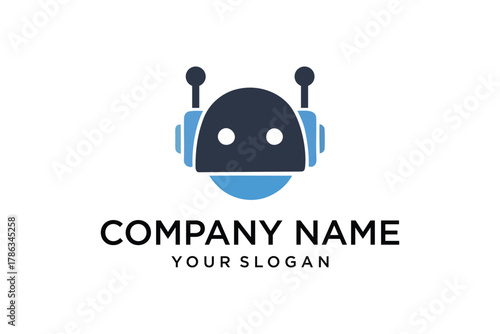 Robot Head Logo Design. Modern flat style avatar icon in blue, representing AI, technology, and digital services for company branding.