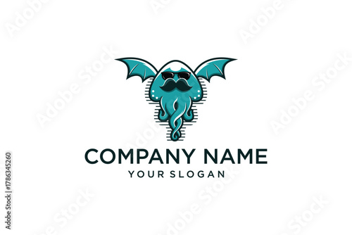 Cool Octopus Monster Mascot Logo with Bat Wings, Sunglasses, and Mustache