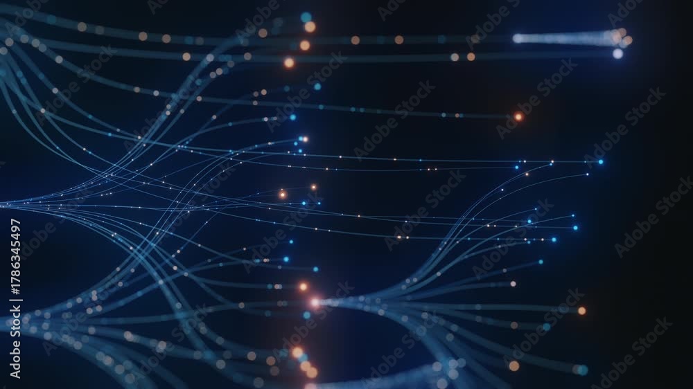 Abstract AI neural network concept. Blue glowing lines, interconnected ...