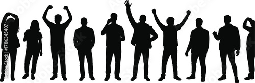Silhouettes of diverse people, standing in row, casual poses, body language, gesture study, black figures, isolated, white background, communication