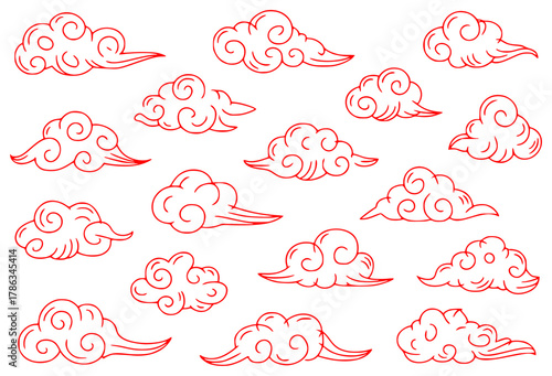 Red Outline Clouds Seamless Pattern - Asian Style