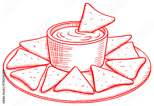 Red Line Drawing of Tortilla Chips and Dip on a Plate
