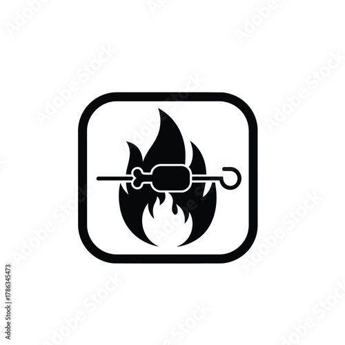 Black icon of food on skewer over flames fire cooking