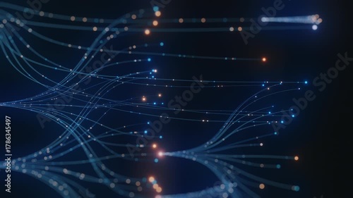 Abstract AI neural network concept. Blue glowing lines, interconnected data, digital particles on dark background. Represents technology, big data, machine learning, global communication, future.