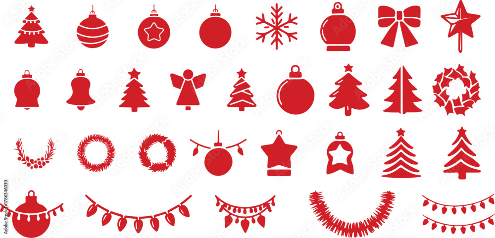 Fototapeta premium Red christmas decorations collection vector icons set festive holiday elements Vector