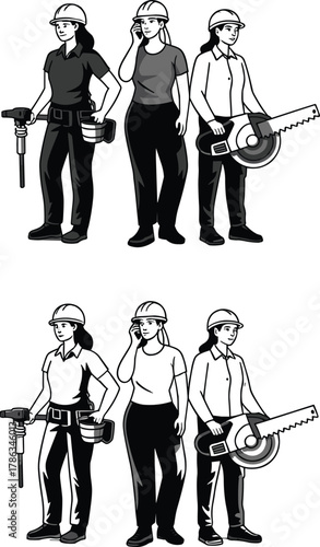 WebWomen workers, construction site, safety helmets, industrial tools, teamwork, diversity, female engineers, labor force, job site, empowerment, uniform change, jackhammer, circular saw, mobile