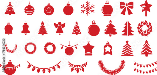 Red christmas decorations collection vector icons set festive holiday elements Vector