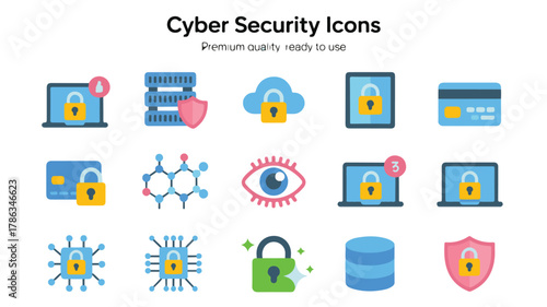 Digital security icons featuring locks and data protection cybersecurity flat design