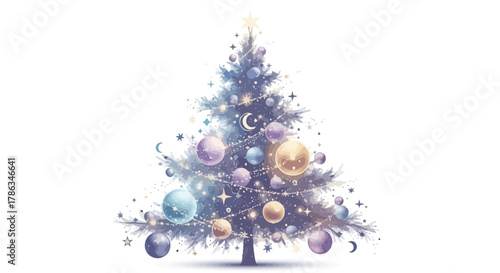 Sparkling enchanted Christmas tree adorned with glowing ornaments, stars, and crescent moons, radiating festive magic and holiday cheer.