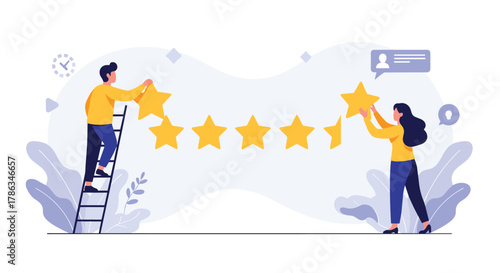 Diverse team actively placing stars to complete a five-star rating system, symbolizing customer feedback, service excellence, and product quality reviews.