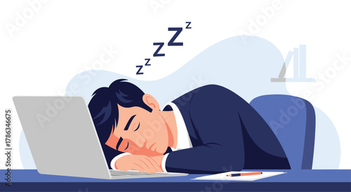 Overworked businessman collapsed in exhaustion at his desk, having fallen asleep on his laptop, demonstrating severe workplace fatigue and burnout.