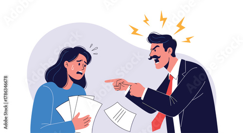 Aggressive male boss furiously yelling and pointing at a frightened, crying female employee, depicting a hostile and stressful workplace environment.