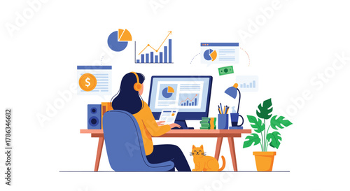Focused woman productively working from her home office, surrounded by financial charts, graphs, and money, indicating successful online business management.