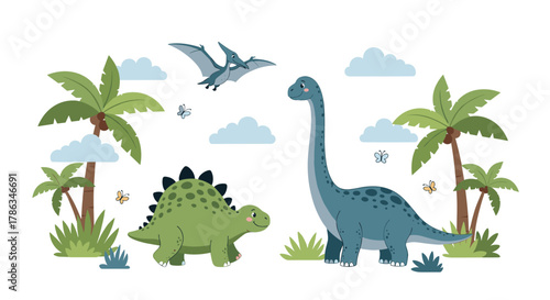 Charming cartoon dinosaurs, including a long-necked brontosaurus, a stegosaurus, and a flying pterodactyl, happily roam a lush prehistoric landscape.