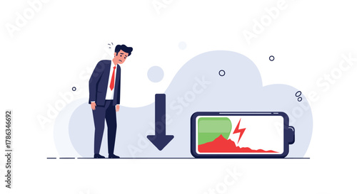 Exhausted businessman stands beside a large low-battery icon, representing extreme fatigue and burnout from overwork and a lack of energy.
