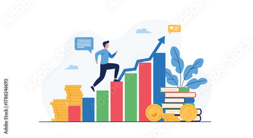 Ambitious businessman confidently ascending a rising bar chart, symbolizing career growth, financial success, and the continuous pursuit of achievement.