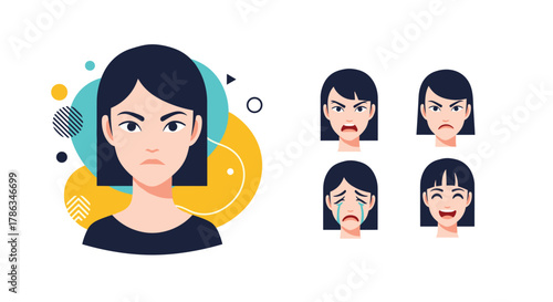 Compilation of a woman's diverse facial expressions, ranging from angry and sad to happy and neutral, representing a spectrum of emotions.