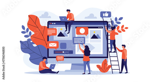 Dynamic team collaboratively building and optimizing a website on a large computer screen, focusing on content, social media, and digital marketing strategies.