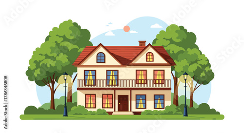 Charming two-story suburban house with a red roof, surrounded by lush green trees and a well-maintained lawn, creating an idyllic residential scene.