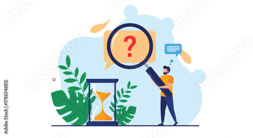 Man diligently searching for answers with a magnifying glass focused on a question mark, with an hourglass nearby, emphasizing the urgency of discovery.